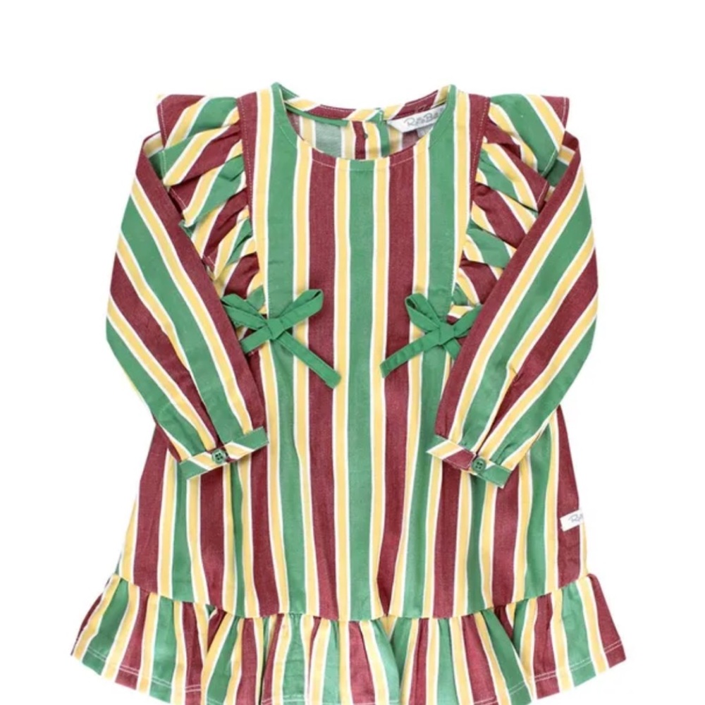 Jolly stripe ruffle bow dress with matching tights and bow